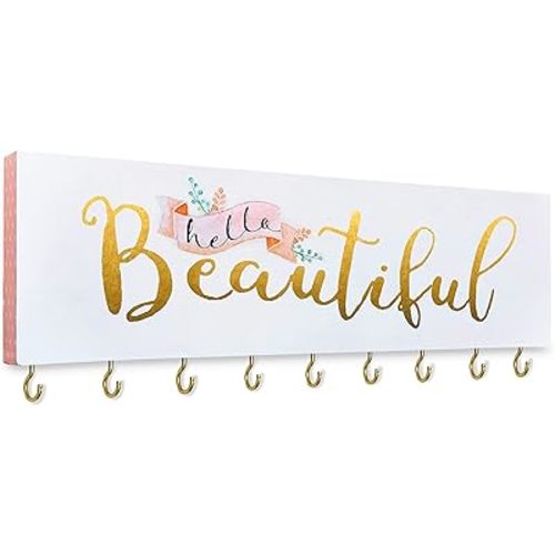 SANY DAYO HOME Hello Beautiful Wall Mount Necklace Holder Organizer with 9 Jewelry Hooks for Ring, Hair Bow, Headband, Purse - Wall Decor for Girls Room