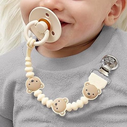 Itzy Ritzy Silicone Pacifier Clip – 100% Food Grade Silicone Pacifier Strap with Clip Keeps Pacifiers, Teethers & Small Toys in Place – Features One-Piece Design, Bear Character & Silicone Cord (Bear)