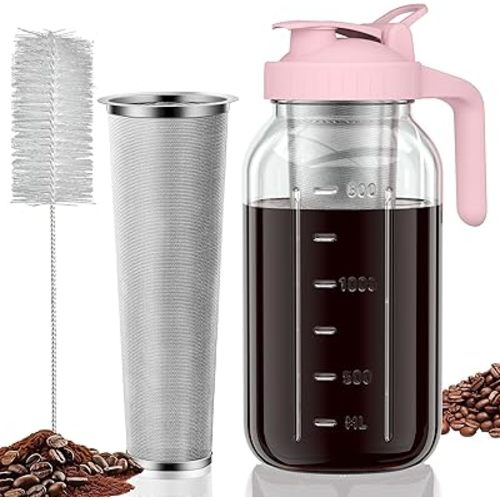Cold Brew Coffee Maker Jar - 64oz Thick Glass Multipurpose Mason Pitcher Spout Lid with Handle & Stainless Steel Filter for Iced Coffee, Lemonade, Ice Tea, Homemade Fruit Drinks Container