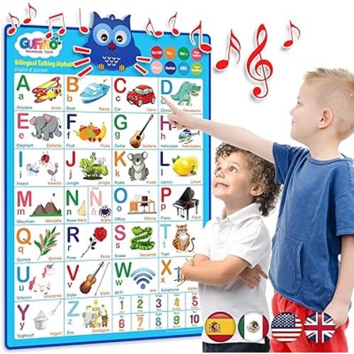 Gufino Tabla de pared del alfabeto - Juguetes bilingües con botones táctiles interactivos para aprendizaje independiente y guiado - Ideal para actividades de aprendizaje preescolar y suministros de