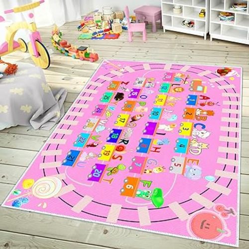 Kids ABC Pink Play Rug, Girl Alphabet Rugs with Numbers Animal Train and Road Shapes Learning Fun Educational Carpet, Playmat for Kid Bedroom Playroom(31x47 in Small Pattern)