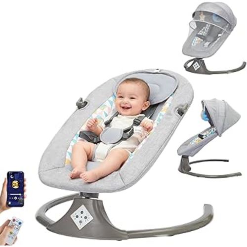 Electric Baby Swing with Remote Control - Bluetooth Music, 5-Point Harness, Large Portable Bouncer Seat for Infants 0-9 Months Up to 22 lbs (Gray)