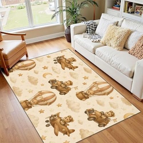 4x5 Boho Rug Rugs for Living Room Rugs for Entryway Playful Teddy Bears Airplanes Cars Hot Air Balloons Soft Bedroom Rug Door Mat Nursery Room Decor Rainbow Carpet