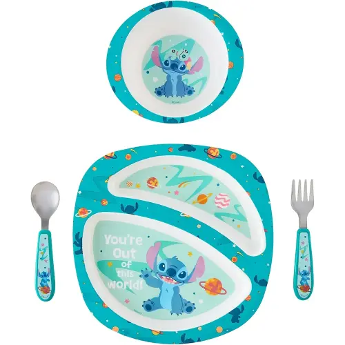 The First Years Disney Stitch Toddler Dinnerware Set - Officially Licensed 4-Piece Feeding Set with Bowl, Plate, Fork, and Spoon - Dishwasher Safe Toddler Feeding Supplies - Ages 9 Months and Up