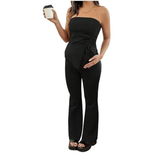 MakeMeChic Women's Maternity Sets 2 Piece Summer Outfits Ruched Tube Top and Pants Pregnancy Matching Set