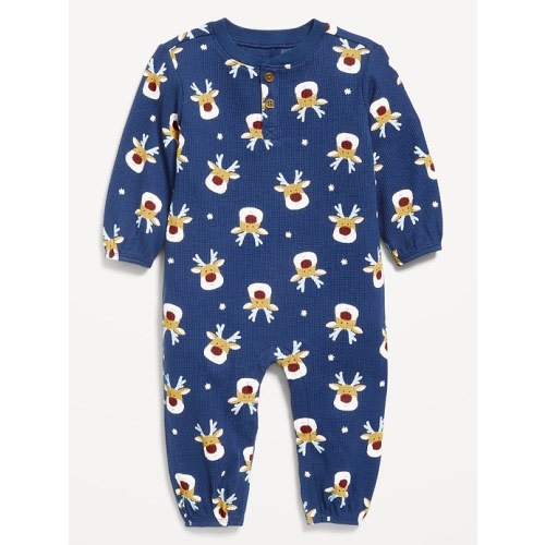 Printed Long-Sleeve Henley Waffle-Knit One-Piece for Baby