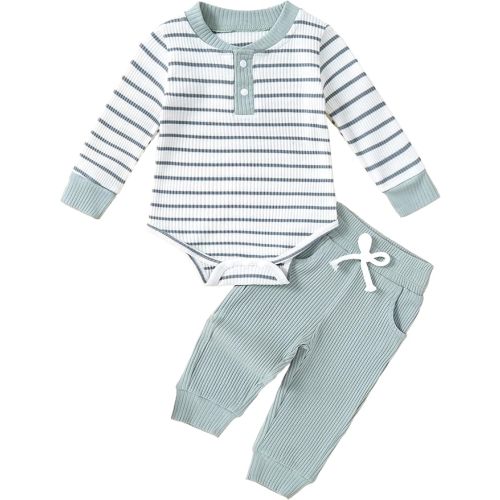 Baby Boy Clothes, Infant Ribbed Knit Long Sleeve Striped Romper & Pants Set Cute Baby Boys' Outfits 0-18 Months