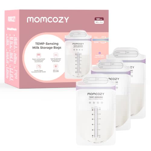 Momcozy Breastmilk Storage Bags, Larger Temp-Sense Area&Double Zip, 120ct | Visual Temp-Sensing | Double Zip Leak-Proof | Stand-Up Base | BPA-Free Pre-Sterilized | Easy-Write Label | 120ct 6oz
