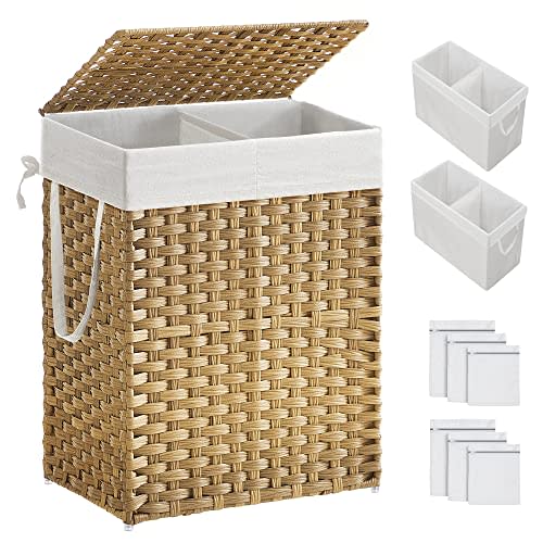 SONGMICS Laundry Hamper with Lid, 90L Wicker Laundry Basket | 6 Mesh Bags, 2 Removable Liner Bags, 13 x 18.1 x 23.6 Inches, Natural, ULCB251N01V1