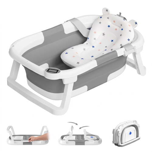 Tumajup Collapsible Baby Bathtub with Soft Bath Cushion&Thermometer Gray