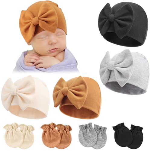 BQUBO Newborn Baby Hats Mittens Set Hospital Hat Bow Hats Baby Cotton Beanie Gloves No Scratch Mittens for Infant 0-6 Months