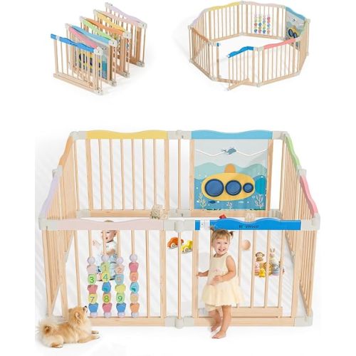 Foldable Wooden Playpen, 55 x 55 x 24 inches, Ocean Adventure, Colorful