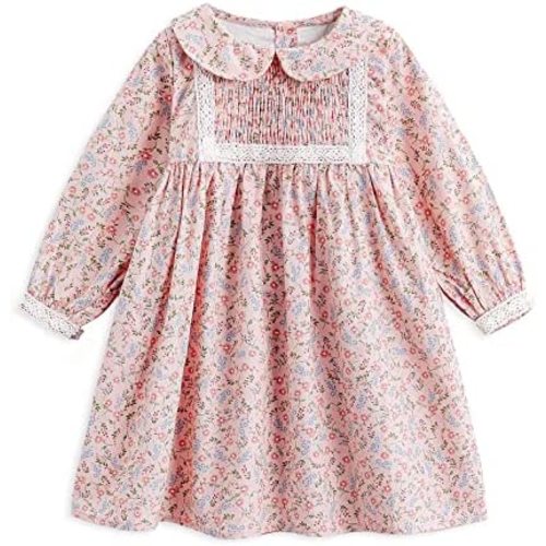 Simplee kids Baby Girls Smocked Dress Handmade Spring Fall Casual Dresses Floral Print Sundress Princess Dress for Toddlers
