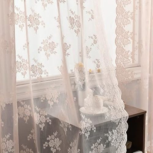 Kotile Blush Pink Floral Sheer Curtains for Girls Bedroom - Premium Scalloped Trim Country Floral Sheer Curtains 96 Inch Length, Rod Pocket Macrame Lace Panel Curtains, 52 x 96 Inch, 2 Panels, Blush