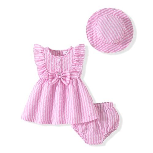 Vibebox Baby Girl Dresses Toddler Summer Princess Dress Clothes 0-18 Months | Ruffle Sleeveless Bows Dresses, Spring Summer Party Birthday Outfits, Infant Girls 3-Piece Sundress with Hat and Underwear