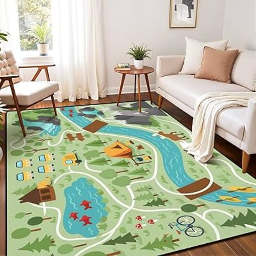 Camping map Summer Camp Nature Clip Art Infographic Elements Mountains Area Rug Outdoor Patio Rug Play Mat Modern Floor Carpet Non-Slip Home Decor Living Room Kids Bedroom Nursery, 6x9 ft