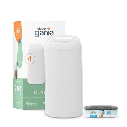 Diaper Genie Classic Diaper Pail Gift Set | Push-N-Lock Odor Control | Includes Starter Refill and Jumbo+ Refill | Holds up to 1,245 Newborn Diapers | Baby Registry Must-Have