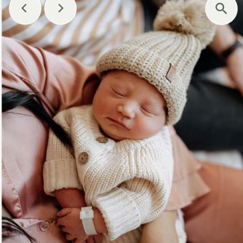 Acrylic Pom Beanie – Olive and Cradle