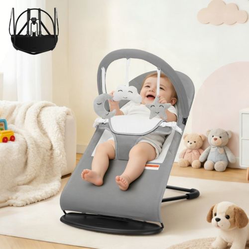 Kmaier Baby Rocker Chair with 3 Modes, Rocker and Stationary Options, Infant Chair with Hanging Toys, Baby Bouncer, Light Grey
