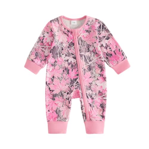 Baby Girl Pink Camo Romper Vintage Jumpsuit Fall Clothes 0-18M | Baby Hunting Camo Outfit, Camouflage Maple Leaf Zipper Long Sleeve Bodysuit, Newborn Going Home Outfit, Baby Announcement