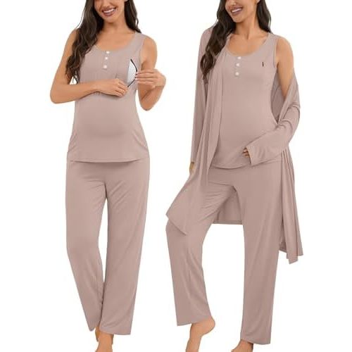 SWOMOG Maternity Nursing Robe Set 3 Piece Women Postpartum Pajamas Breastfeeding 3 in 1 Labor Delivery Zipper Pregnancy Pjs