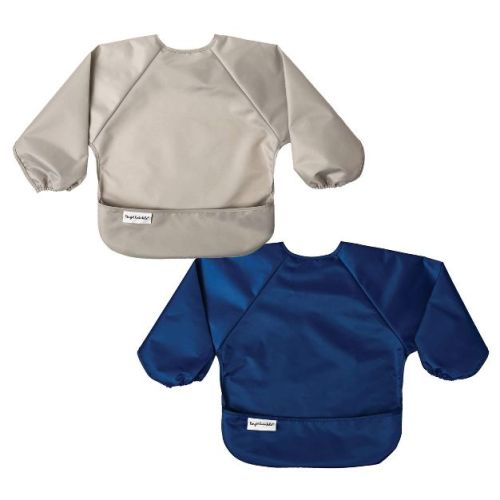 Tiny Twinkle Mess-Proof/Waterproof 2-Pack Long-Sleeve Baby Bib, Machine Washable Smock for Eating (Grey Indigo, Small 6-24 Months)