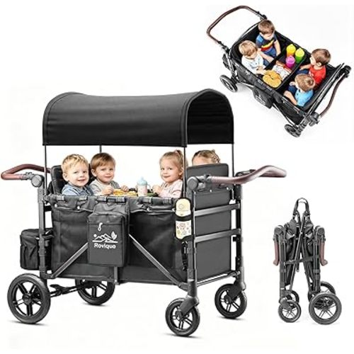 Rovique Wagon Stroller 4 Seater – Includes Adjustable Canopy,Convertible Seats, Snack Tray, Parent Organizer, 5-Point Harness, Push/Pull Adjustable Handle