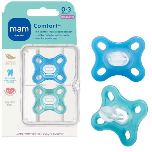 MAM Comfort Baby Pacifiers, Lightweight One-Piece Full Silicone Binky for Newborns 0-3 Months, BPA-Free Nipple, Easy to Clean Pacifier, Best for Breastfed Babies, with Sterilizer Case, 2 Count Binkies
