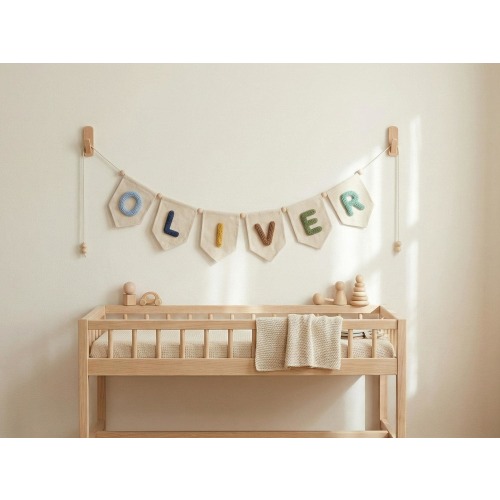 Custom Baby Name Canvas Banner, Personalized Nursery Wall Decor, Yarn Letter Kids Room Garland, Neutral Baby Shower Name Gift