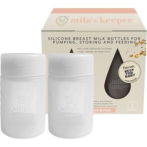 Mila's Keeper Premium Silicone Breast Milk Storage Bottles, for Pumping, Storing and Feeding, Fits Leading Pumps and Nipples, 6 oz Silicone Milk Storage Containers, Wide Neck Aspen White, Set of 2