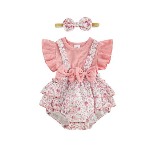 Loicainy Infant Baby Girl Summer Romper 3 6 9 12 18 Months Cute Bow Decor Flying Sleeve Floral Fake-two Jumpsuit with Headband