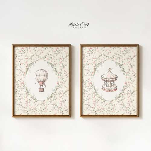 Hot Air Balloon and Carousel Nursery Wall Art Set, Pink Carnival Girl Room Decor, Vintage Floral Playroom Prints, Decorative Cottagecore Art