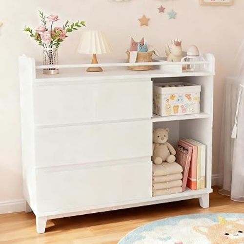 Baby Changing Table, White Nursery Changing Table with Drawes and Cabinets, Baby Chest with Changing Table Top and Storage, Large Diaper Changing Station for Infants Daycare