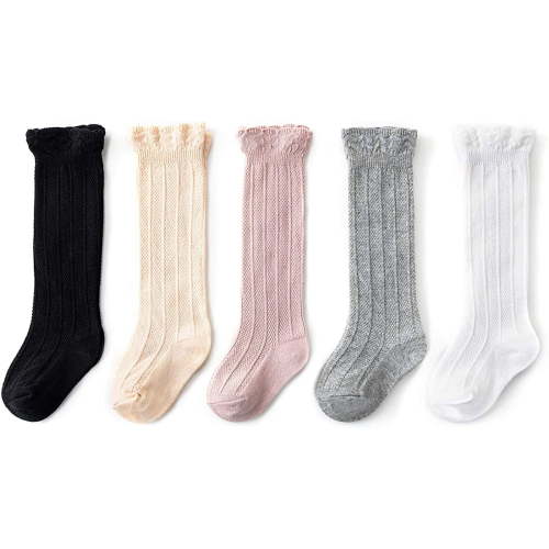 Zando 5 Pairs Infant Socks Baby Girls Tube Socks Cute Cable Knit Socks Ruffled Toddler Stockings 5 Colorful Colors S 3-12 Months