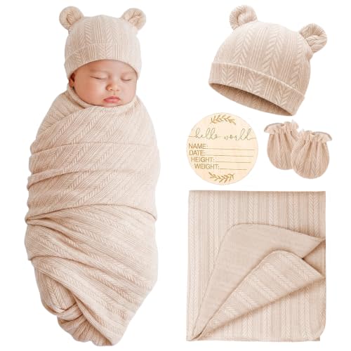 AQOKKA Newborn Receiving Blanket with Bow Hat Mittens Set Nursery Swaddle Wrap Toddler Swaddles for Newborn Baby Boy Girl