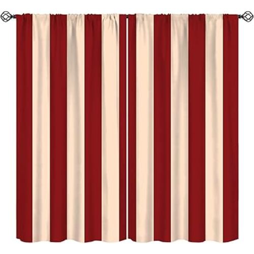 Circus Curtains, Red Beige Striped Circus Tent Decor Vintage Pattern Blackout Window Treatments, Rod Pocket Thermal Insulated Drapes 2 Panel Sets for Bedroom Living Room, 72" W X 63" L