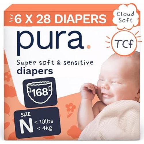 Pura Newborn Baby Diapers - Size N (Up to 10 lbs),168 Diapers, Cloud Soft Disposable Diapers for Sensitive Skin, Totally Chlorine Free, Blowout Blocker & Wetness Indicator