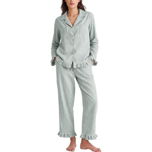 Flygo Womens Striped Pajama Sets 2 Piece Cotton Lounge Sets Button Down Top Straight Leg Pants with Pockets Y2K Pjs Sleepwear