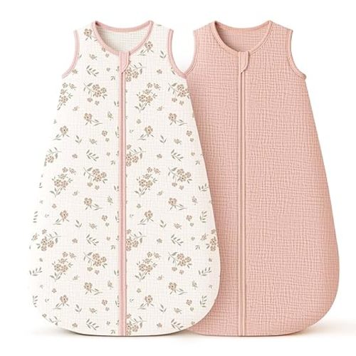 Konssy Muslin Baby Sleep Sack 0-6 Months 0.8 TOG, 2 Pack 100% Cotton Wearable Blanket for Babies, 2-Way Zipper Breathable Sleeping Sack Infant Toddler Essentials for Girls and Boys (Blossom, Pink)