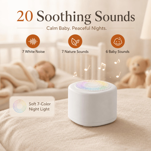 Mini Sound Machine, Portable White Noise Sound Machine for Sleep, White Noise for Baby & Adult with 20 Soothing Sounds, 7 Color Night Light, 4 Timers Memory Function for Travel Camping Home Office