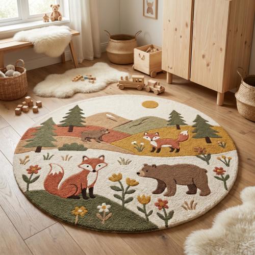 Round Wool Area Rug for Nursery, Woodland Animals Modern Childrens Room Decor, Custom Size Premium Handmade