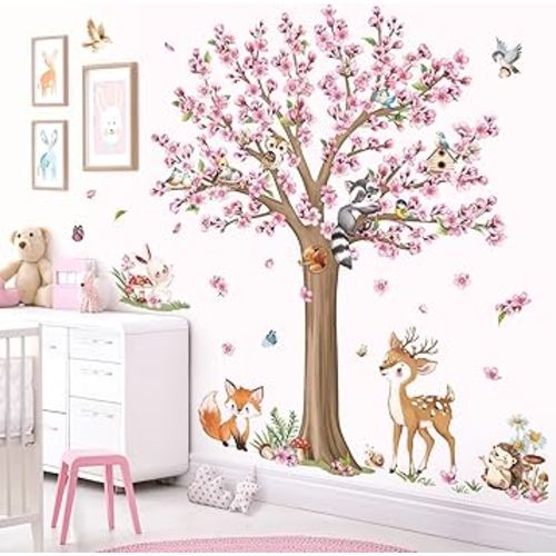 decalmile Woodland Animals Large Flower Tree Wall Decals Cherry Blossom Deer Fox Wall Stickers Baby Nursery Kids Bedroom Living Room Wall Decor