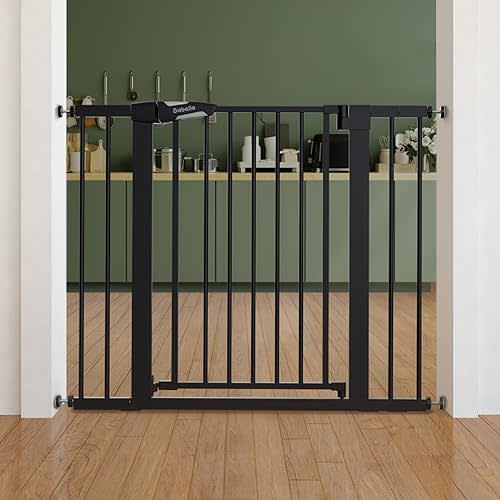 BABELIO 26"-40" Easy Install Extra Wide Pressure Mounted Metal Baby Gate, No Drilling, No Tools Required, with Wall Protectors and Extension Kits, 30" High, Black