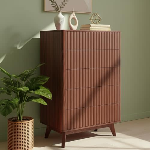 Airynee Fluted 5 Drawers Dresser for Bedroom，47" Tall Wooden Dresser with Curved Profile Design,Handleless Modern Storage Organizer for Bedroom, Hallway, Walnut