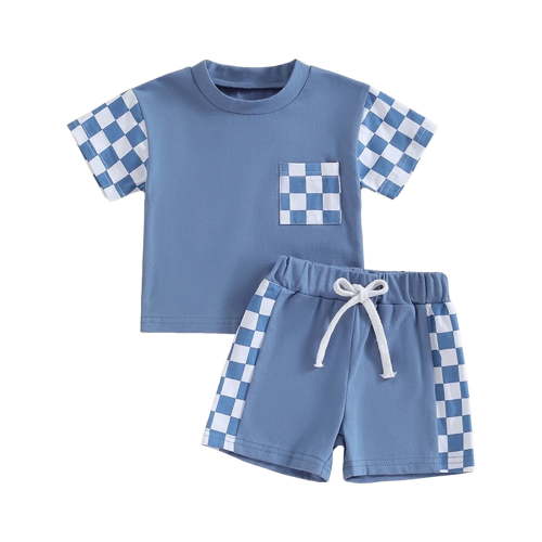 Xudanell Toddler Boy Summer Clothes Color Blocking Plaid Set Stretch Shorts Boy Summer Set Baby Boy Outfits Blue 0-6 Months