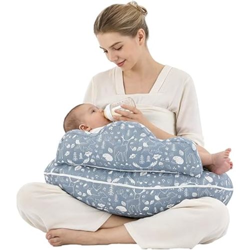 Ergonomic Nursing Pillow with Security Fence for Enhanced Support & Comfort, Breastfeeding Pillow with Removable Cotton Cover - Adjustable Waist Strap for Mom & Baby(Grey Moose)