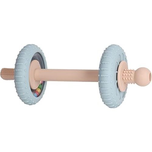 Baby Teething Toys Baby Rattle Teething Straw 3-in-1 Barbell-Shaped, Made from Silicone, Built-in Toothbrush Head and Nipple Shape, Bpa-Free, Phthalate Free, Professionally Certified, Blue