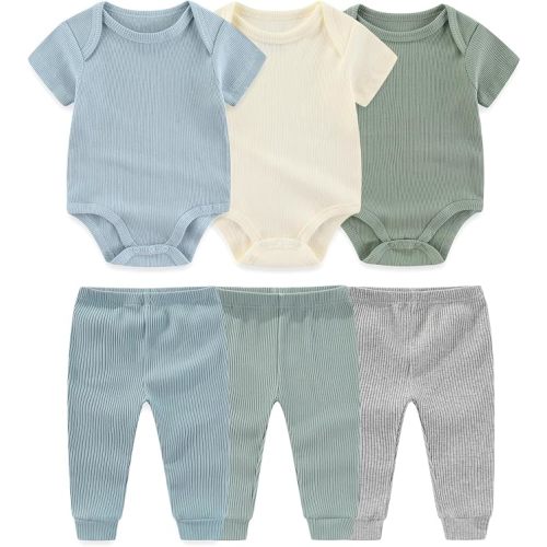 Ruliby Baby Bodysuit and Pant Set 6-pcs Ribbed Soft Infant Boy Girl Clothes