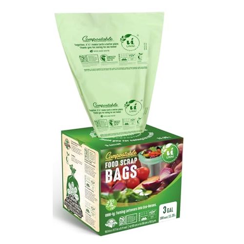 UNNI Compostable Trash Bags, 3 Gallon / 11.35 Liter, 100 Count, Extra Thick 0.71 Mil Small Kitchen Food Scrap Bin Liners, Certified by BPI, CMA & OK compost HOME, Meets the ASTM D6400 Standard