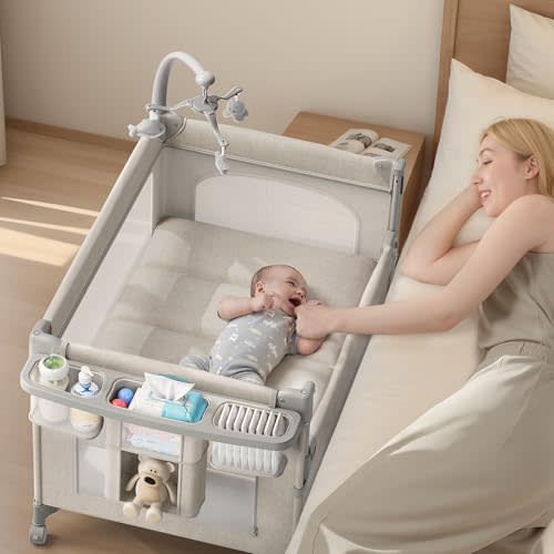 TinyGlow 4 in 1 Baby Bassinet, Pack and Play, Bedside Crib Sleeper, Diaper Changer, Quickly Assembled and Folded Portable Crib with Mattress and Mosquito Net, Easy to Carry
